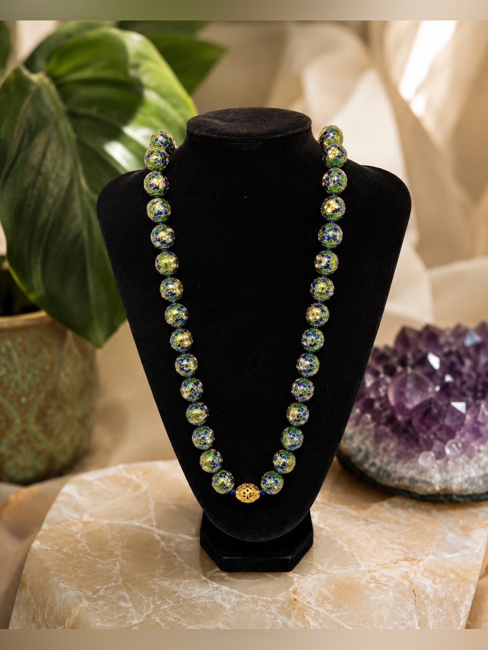 Vintage Genuine Etched Cloisonné Bead Necklace • Green Blue Gold • Hand Knotted